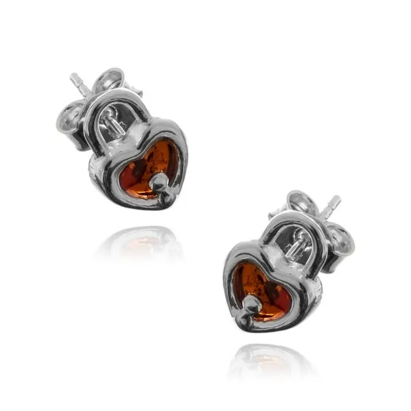 Kolczyki srebrne z bursztynem subtelne serduszka-kłódki