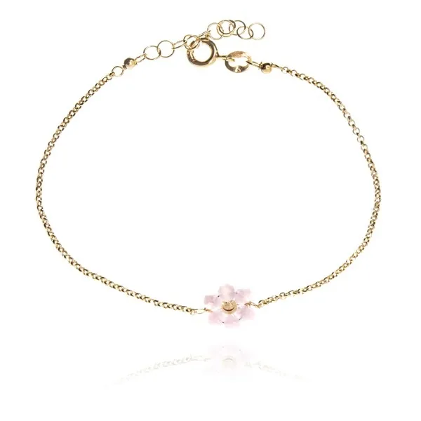 Bransoletka srebrna pozłacana z różowym kwiatkiem z agatu kwiatek