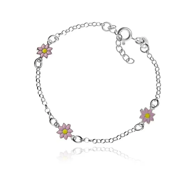 Bransoletka srebrna dziewczęca różowe kwiatki