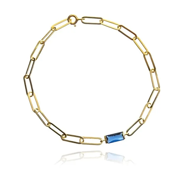 Bransoletka srebrna pozłacana z niebieską cyrkonią na łańcuszku rolo fleat