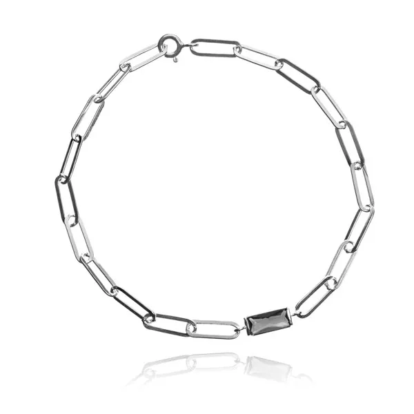 Bransoletka srebrna z czarną cyrkonią na łańcuszku rolo fleat