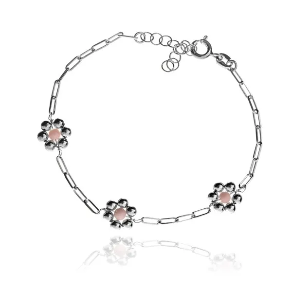 Bransoletka srebrna z różowymi kwiatkami
