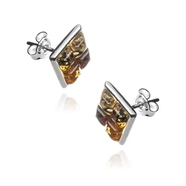 Kolczyki srebrne  kwadraty z kolorowym bursztynem