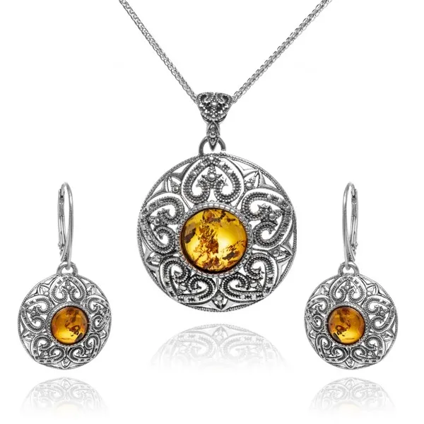 Komplet biżyteria srebrna oksydowana   z bursztynem