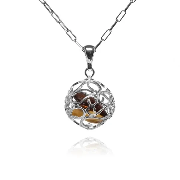 Srebrna zawieszka kulka z   bursztynem w środku