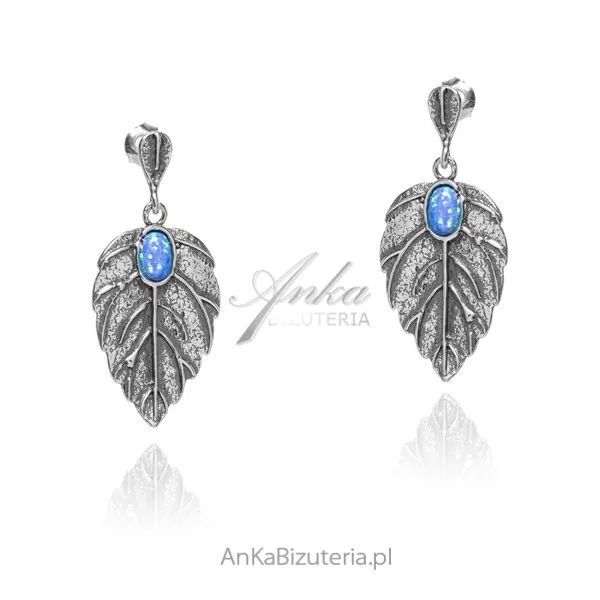 Kolczyki srebrne listki z niebieskim opalem