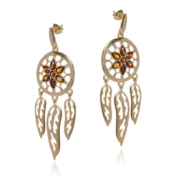 Kolczyki srebrne pozłacane z koniakowym bursztynem łapacze snów