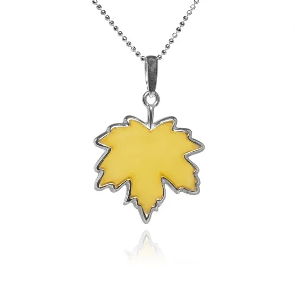 Zawieszka srebrna z żółtym bursztynem - liść klonu