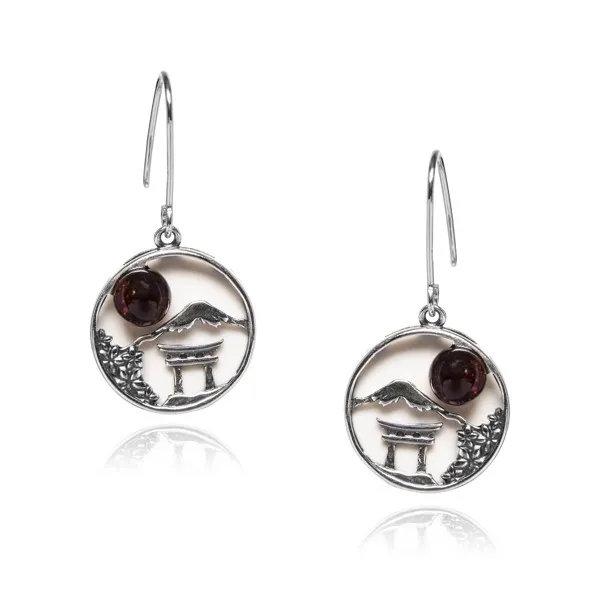 Kolczyki  srebrne na białym agacie z bursztynem -czerwone słońce w kyoto