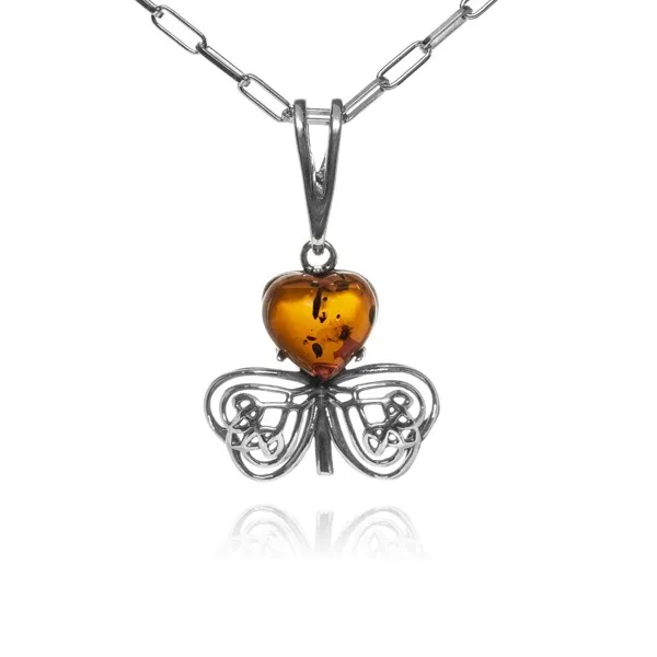 Zawieszka srebrna trójlistna koniczyna z bursztynem - shamrock