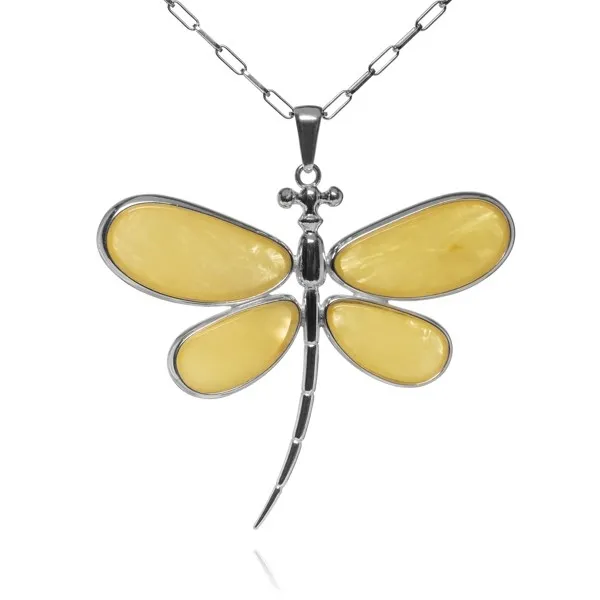 Srebrna zawieszka z żółtym bursztynem duża ważka