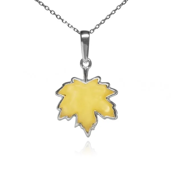 Zawieszka srebrna z żółtym bursztynem - liść klonu -mała