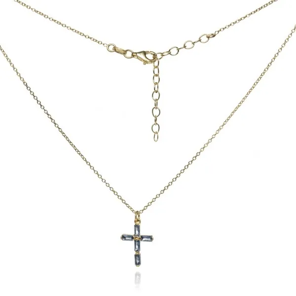 Naszyjnik srebrny pozłacany krzyżyk  z niebieskim akwamarynem