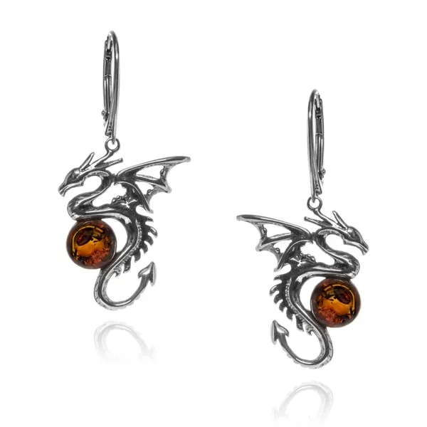 Kolczyki srebrne smoki z bursztynem