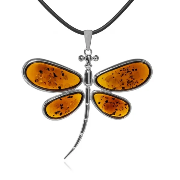 Srebrna zawieszka z koniakowym bursztynem duża ważka