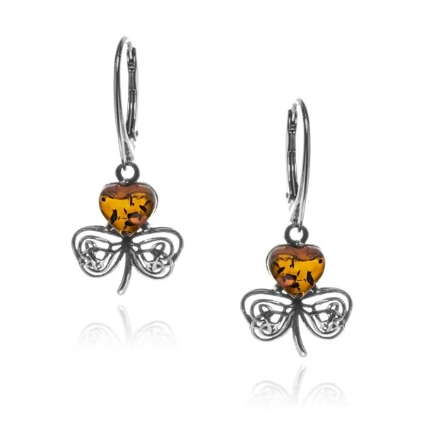 Kolczyki srebrne trójlistna koniczyna z bursztynem - shamrock