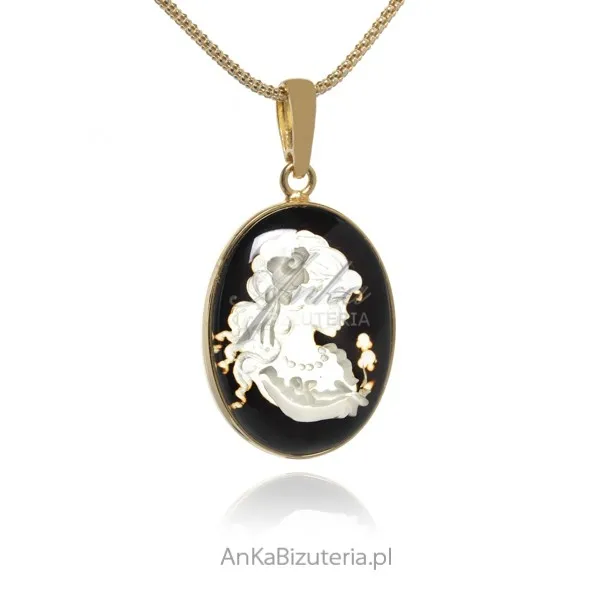 Zawieszka srebrna pozłacana z bursztynem kamea biżuteria artystyczna