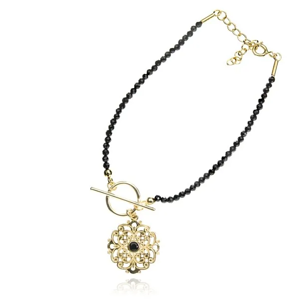 Bransoletka srebrna pozłacana  z czarnymi spinelami