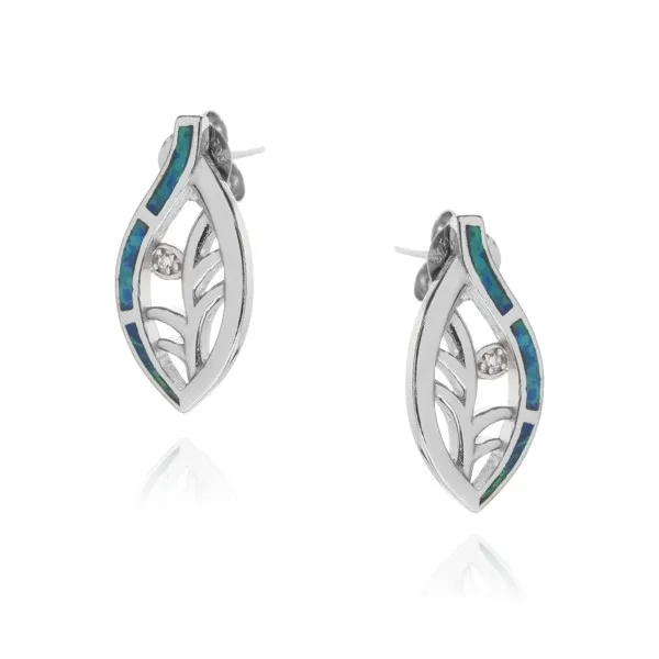 Srebrne kolczyki z niebieskim opalem ażurowe listki