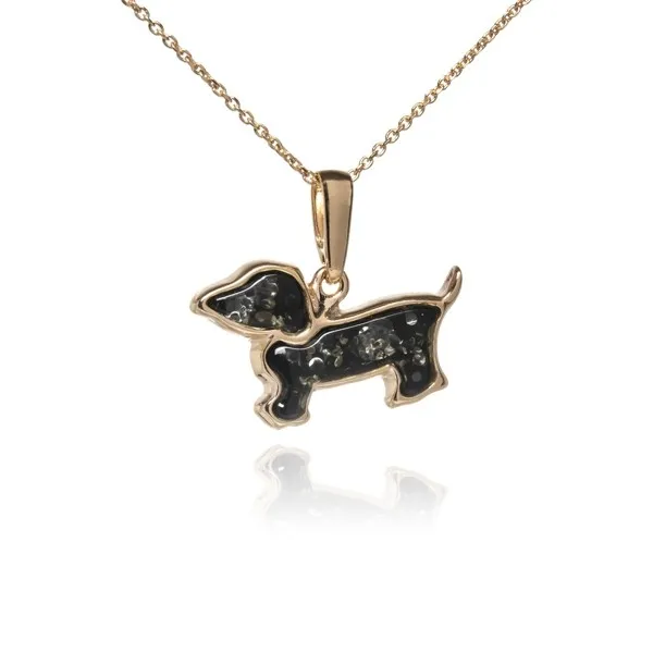 Naszyjnik srebrny pozłacany z zielonym bursztynem jamnik