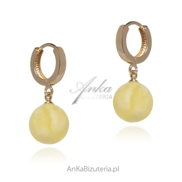Śliczne kolczyki  srebrne pozłacane z naturalnym bursztynem kulki - żółte