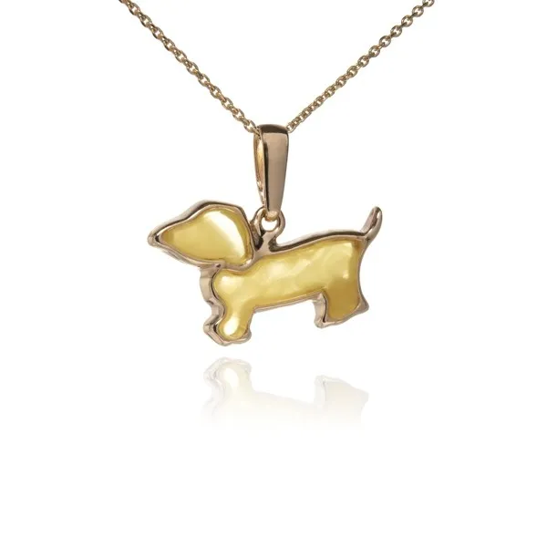 Srebrny pozłacany naszyjnik z żółtym bursztynem jamnik