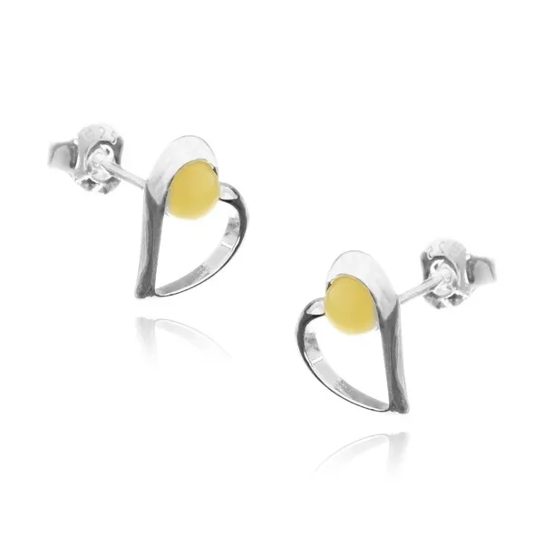 Kolczyki srebrne serduszkaz żółtym bursztynem
