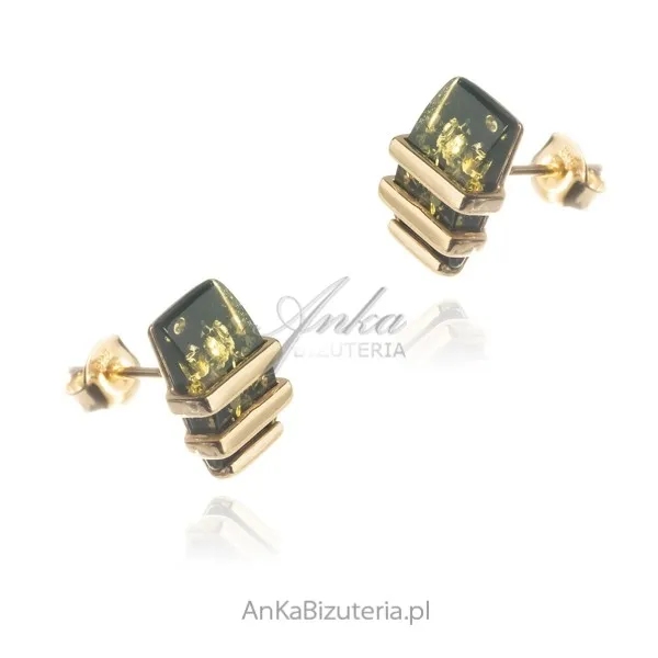 Kolczyki srebrne pozłacane z zielonym  bursztynem