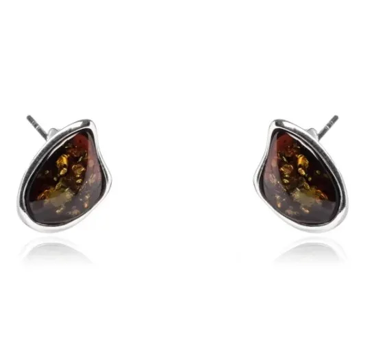 Kolczyki srebrne z wiśniowym  bursztynem  z łuskami