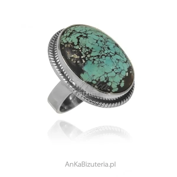 Srebrny pierścionek z turkusem z nepalu - unikat rozm. 13
