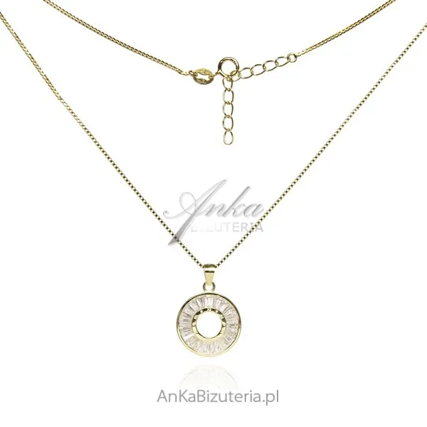 Naszyjnik srebrny pozłacany kółeczko z cyrkonia z ciekawym szlifem