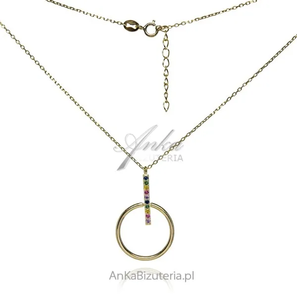 Srebrny pozłacany naszyjnik z kolorową cyrkonią  - kółko z pałeczką