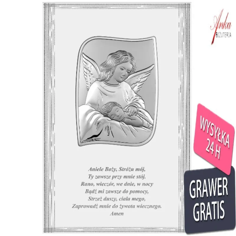 Obrazek aniołek nad dzieciątkiem na panelu z napisem aniele boży...