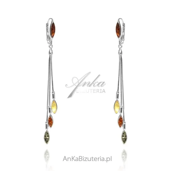 Srebrne kolczyki z bursztynem łezki na długich  łańcuszkach