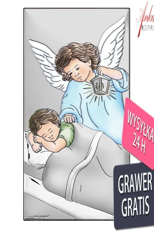 Obrazek aniołek srebrny  kolorowy nad dzieciątkiem 7 cm* 14 cm