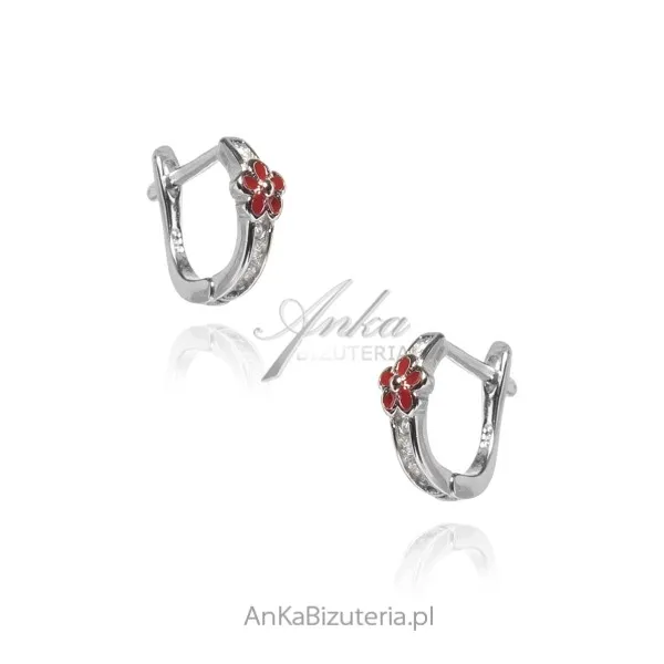 Kolczyki srebrne dziecięce czerwony kwiatek z białymi cyrkoniami