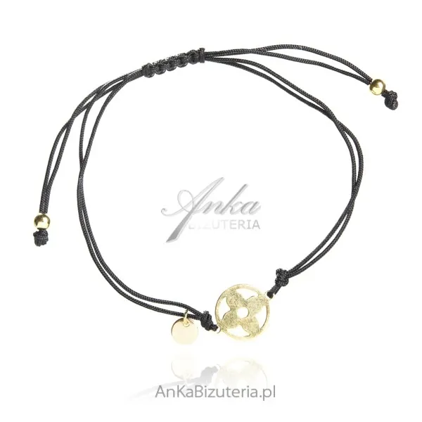 Bransoletka srebrna pozłacana  na czarnym sznurku kwiatek
