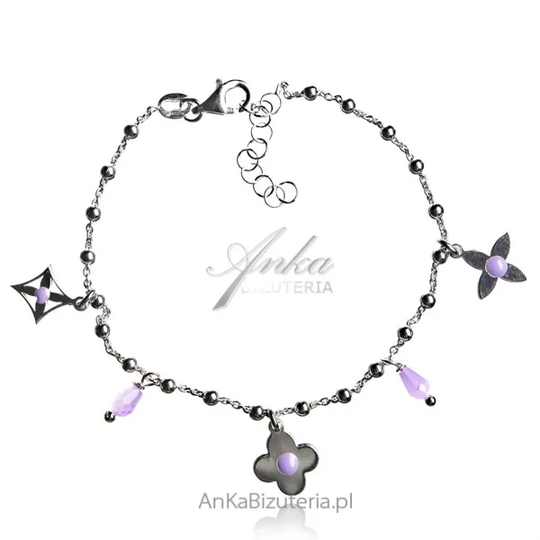 Bransoletka srebrna kwiatki z fioletową cyrkonią
