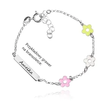 Bransoletka srebrna  dziecięca do graweru z kolorowymi kwiatkami