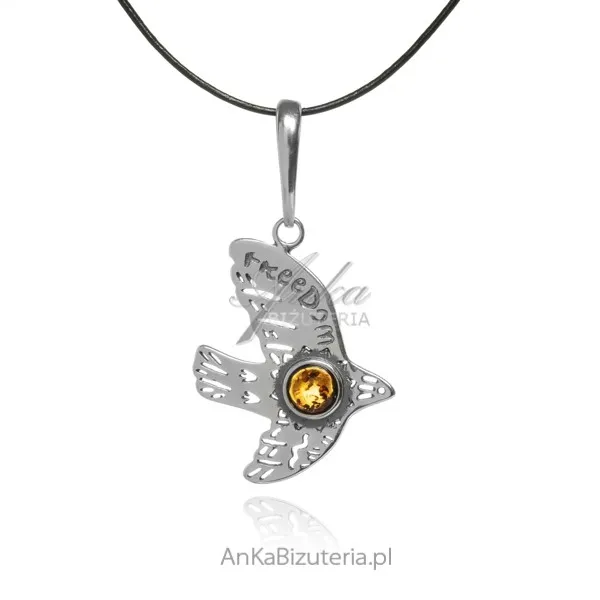 Zawieszka srebrna z bursztynem  gołąb  freedom