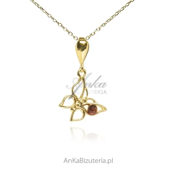 Srebrna zawieszka pozłacany motylek z bursztynem