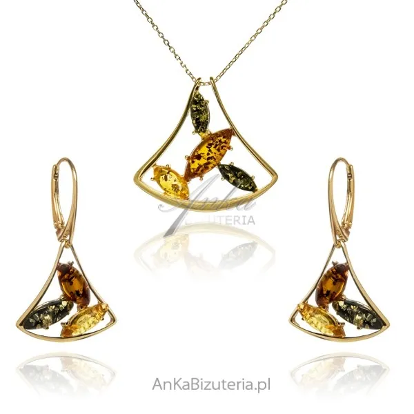 Biżuteria srebrna pozłacana z kolorowym  bursztynem