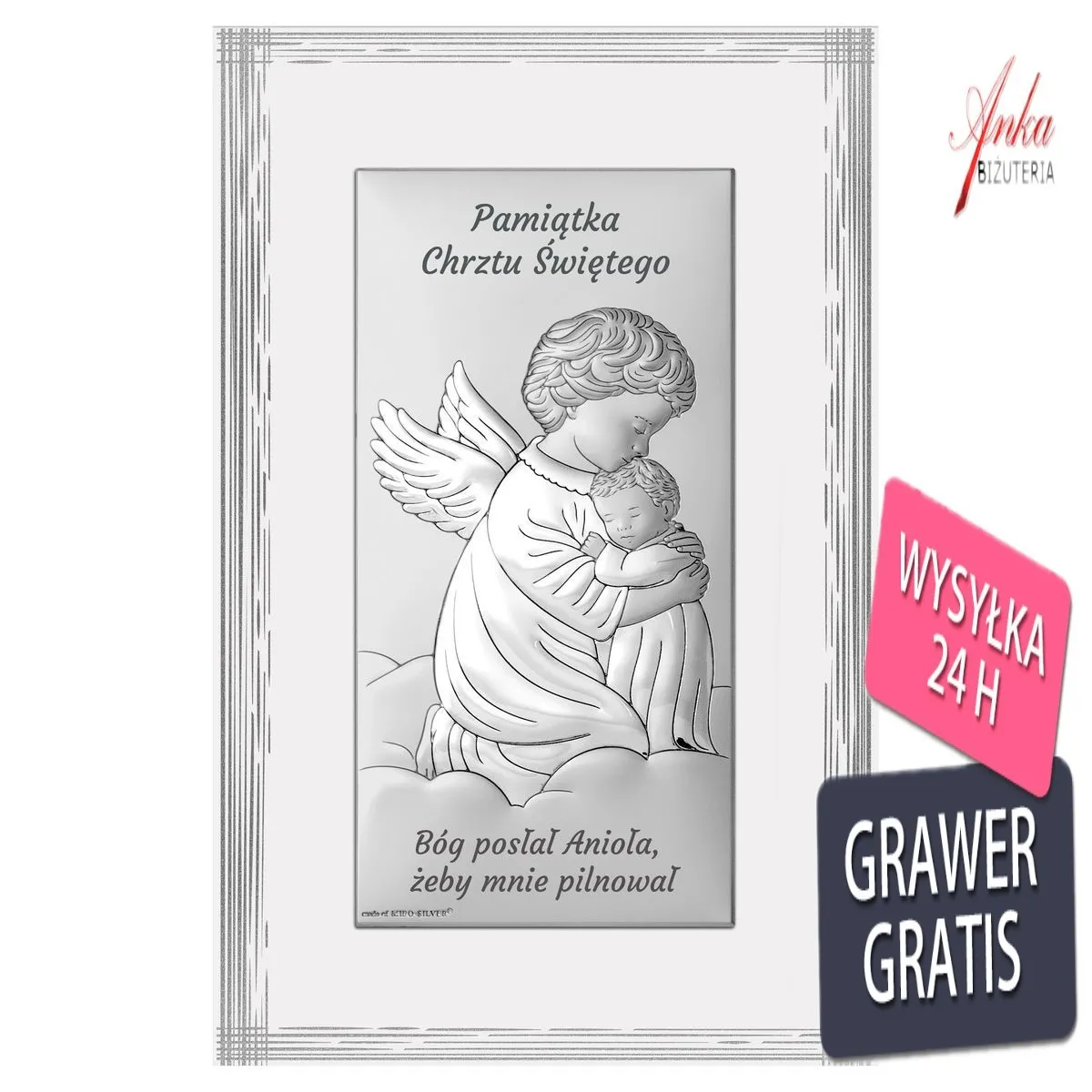 Obrazek  aniołek tulący dzieciątko na panelu  9/14 cm