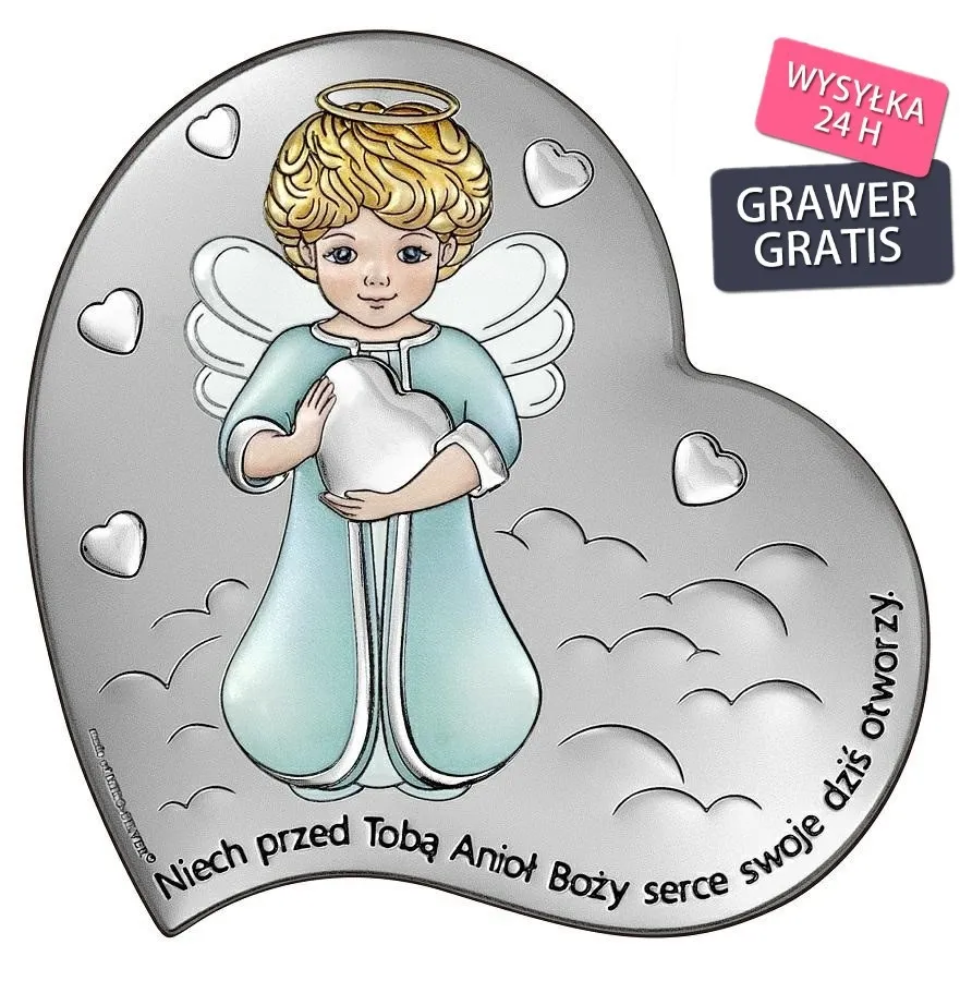 Obrazek srebrny  aniołek w sercu kolorowy 13*13 cm