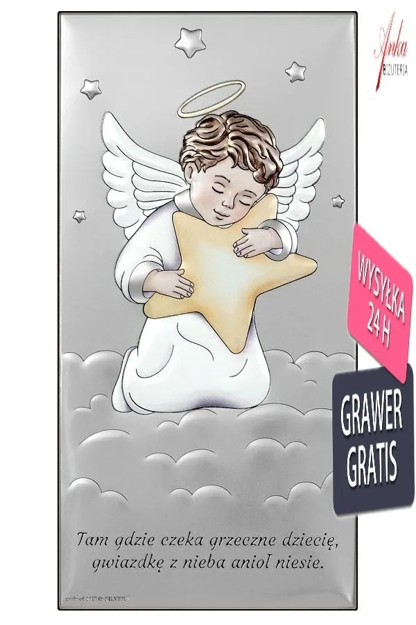 Obrazek srebrny aniołek z gwiazdką  10*20 cm