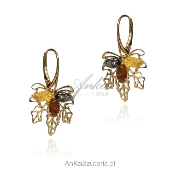 Kolczyki srebrne pozłacane  z bursztynem liść klonu