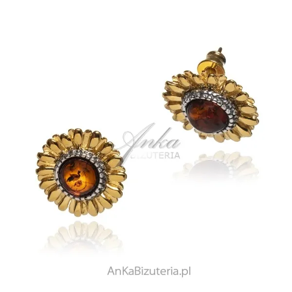 Eleganckie kolczyki srebrne pozłacane słoneczniki z bursztynem
