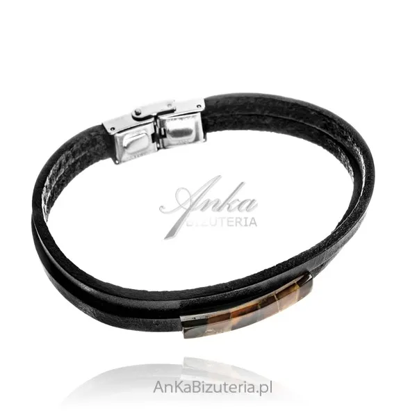 Bransoletka z bursztynem na skórzanym pasku  damska