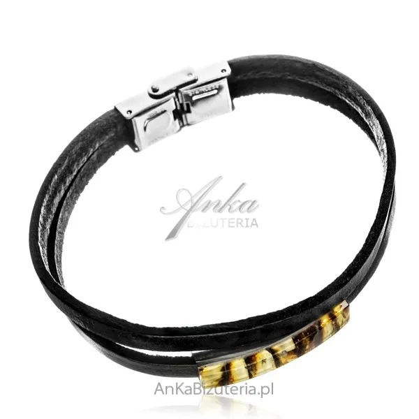 Bransoletka z jasnym  bursztynem na skórzanym pasku damska