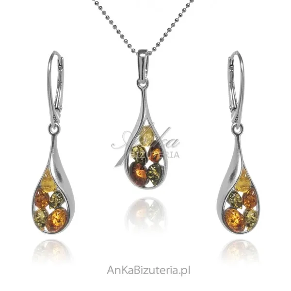 Komplet biżuteria srebrna z kolorowym bursztynem
